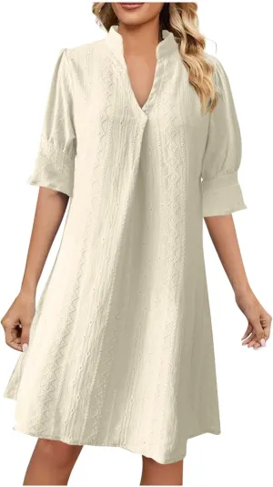 Womens Casual Loose Short Dress Summer Fashion V Neck Puff Sleeve Lightweight Breathable Beach Lounge Dresses