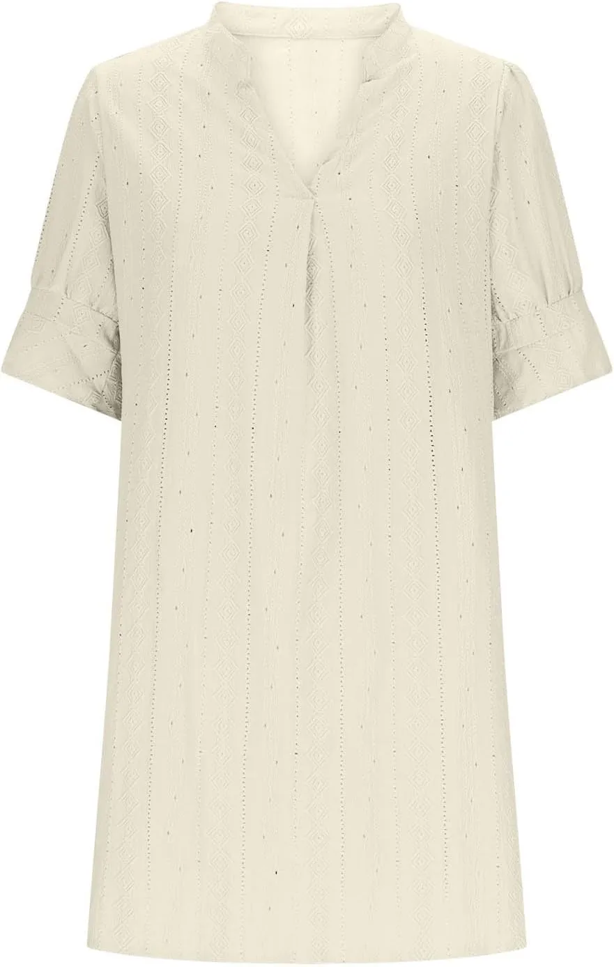Womens Casual Loose Short Dress Summer Fashion V Neck Puff Sleeve Lightweight Breathable Beach Lounge Dresses