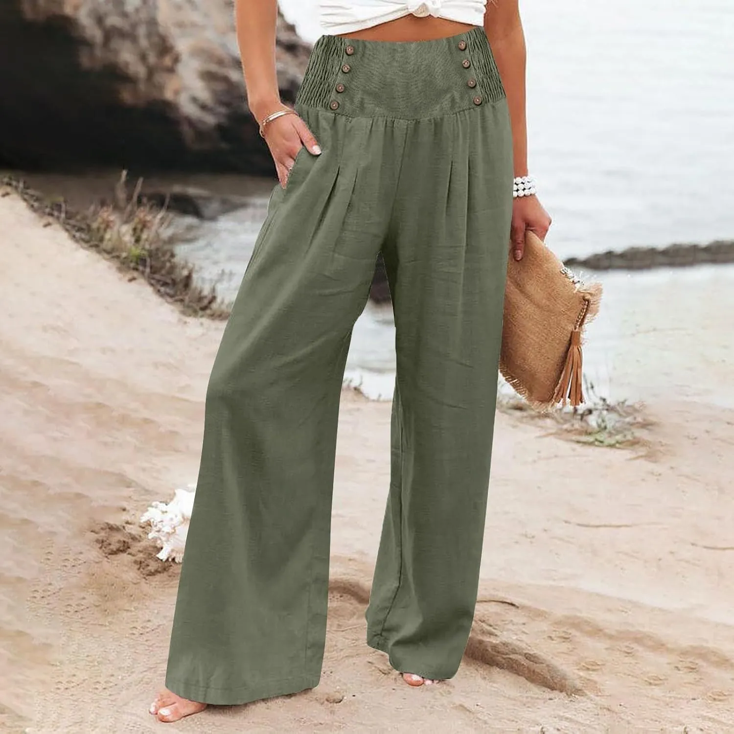Womens Casual Pants Straight Leg Pants Elastic High Waist Long Pants Soft Comfy Work Trousers Lounge Pants Pockets