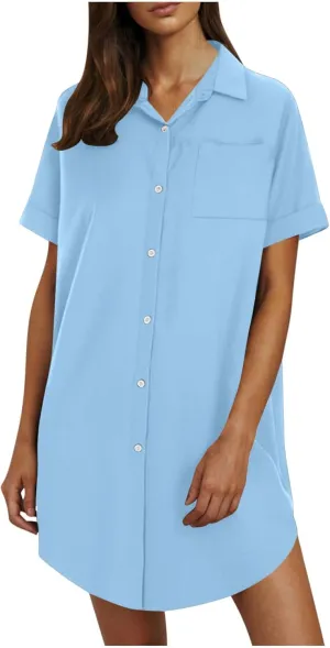Women's Casual Shirts Dress Fashion Lapel Button Down Short Sleeve Loose Dresses Summer Lounge Long Blouses