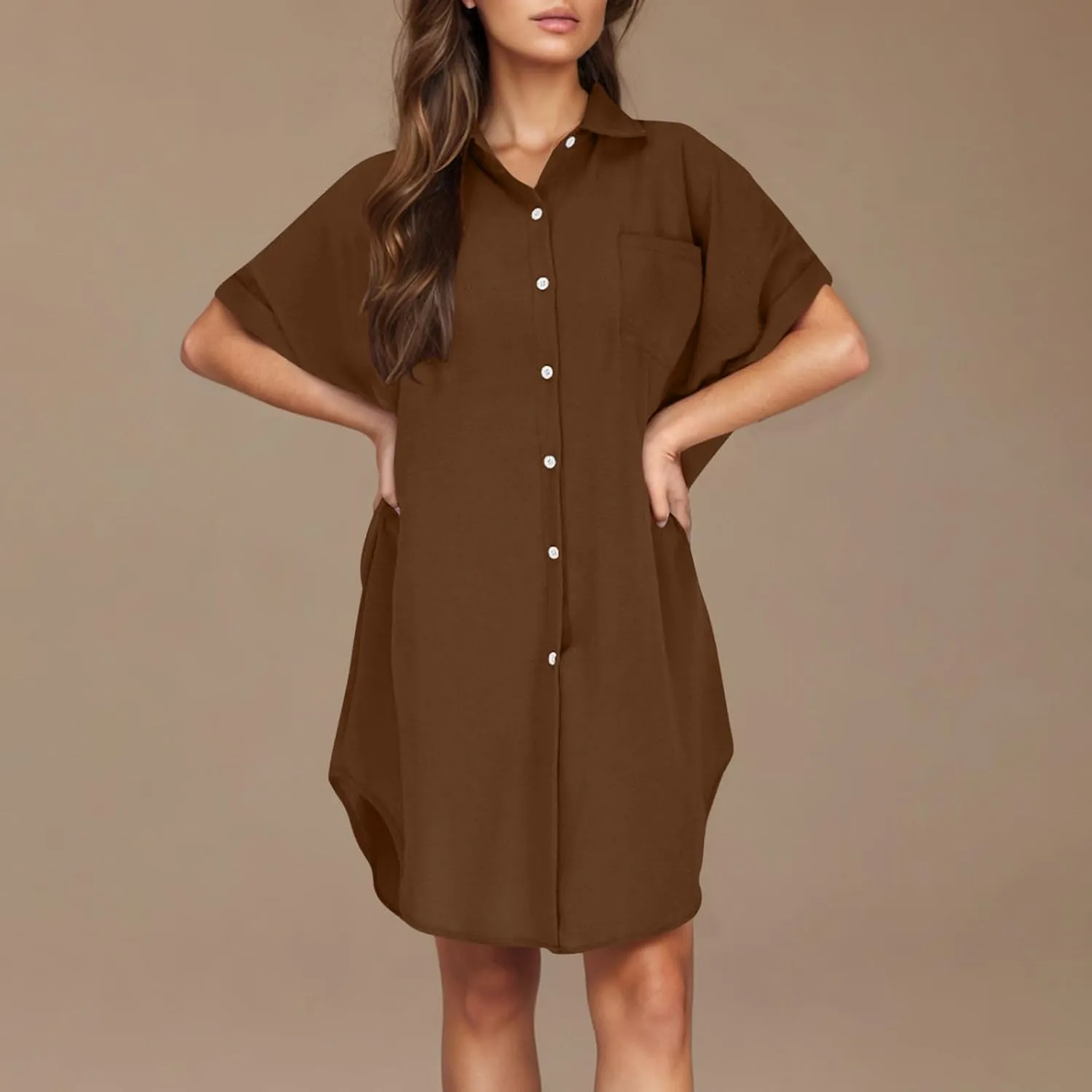 Women's Casual Shirts Dress Fashion Lapel Button Down Short Sleeve Loose Dresses Summer Lounge Long Blouses