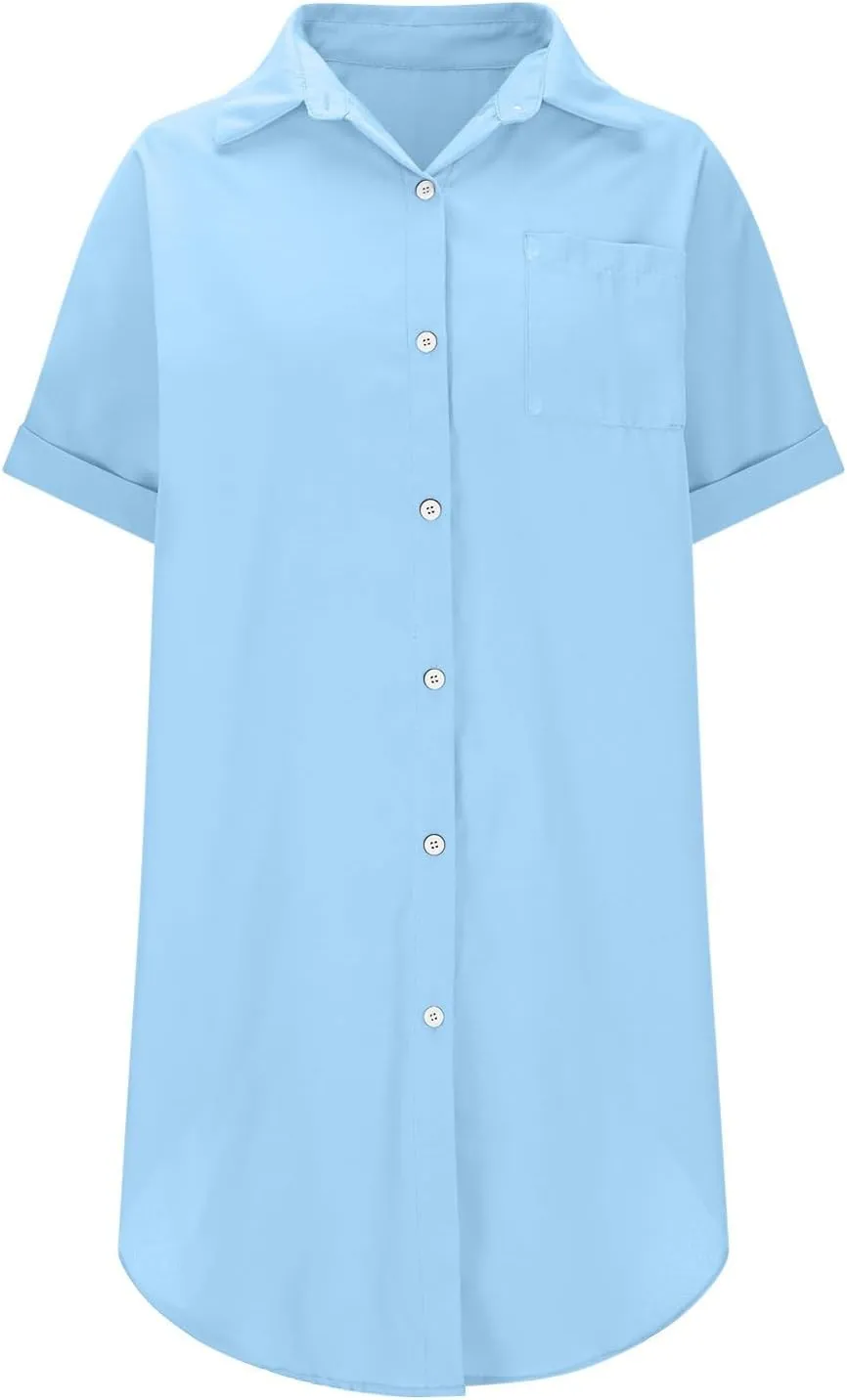 Women's Casual Shirts Dress Fashion Lapel Button Down Short Sleeve Loose Dresses Summer Lounge Long Blouses