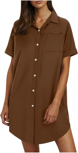 Women's Casual Shirts Dress Fashion Lapel Button Down Short Sleeve Loose Dresses Summer Lounge Long Blouses