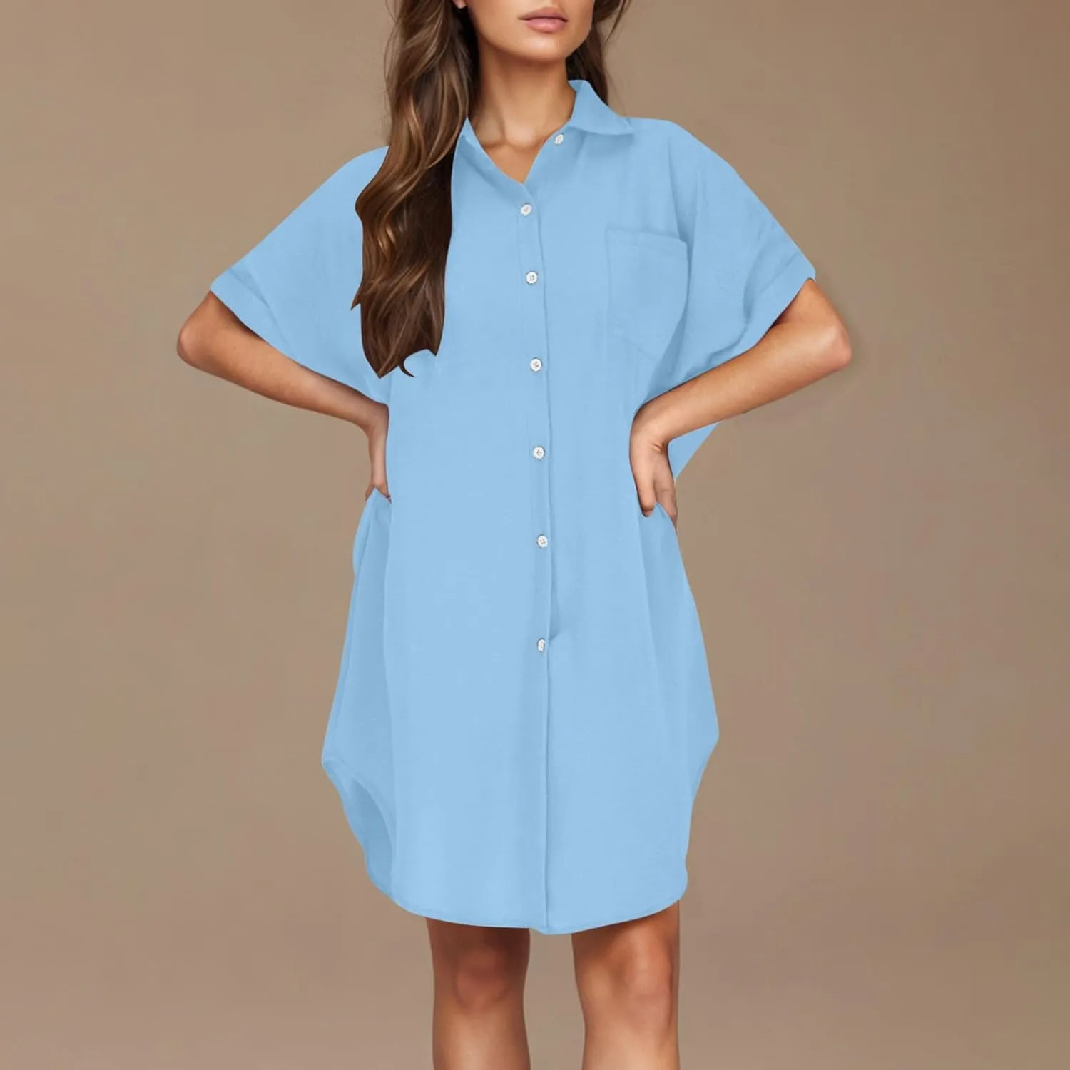 Women's Casual Shirts Dress Fashion Lapel Button Down Short Sleeve Loose Dresses Summer Lounge Long Blouses