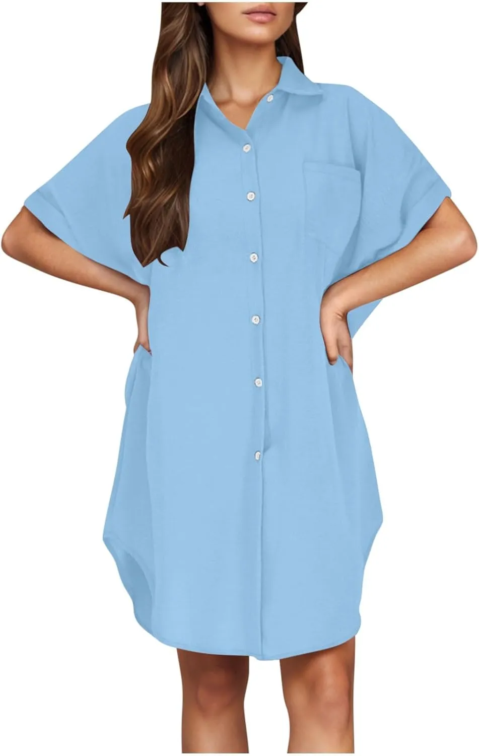 Women's Casual Shirts Dress Fashion Lapel Button Down Short Sleeve Loose Dresses Summer Lounge Long Blouses