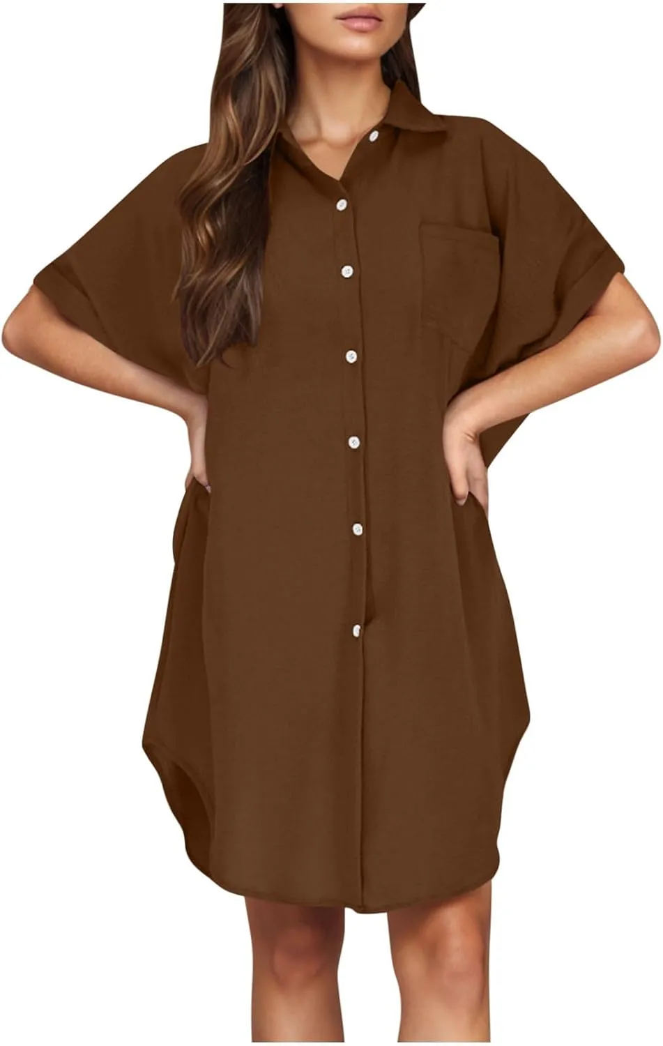 Women's Casual Shirts Dress Fashion Lapel Button Down Short Sleeve Loose Dresses Summer Lounge Long Blouses