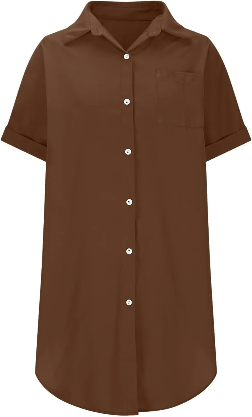 Women's Casual Shirts Dress Fashion Lapel Button Down Short Sleeve Loose Dresses Summer Lounge Long Blouses