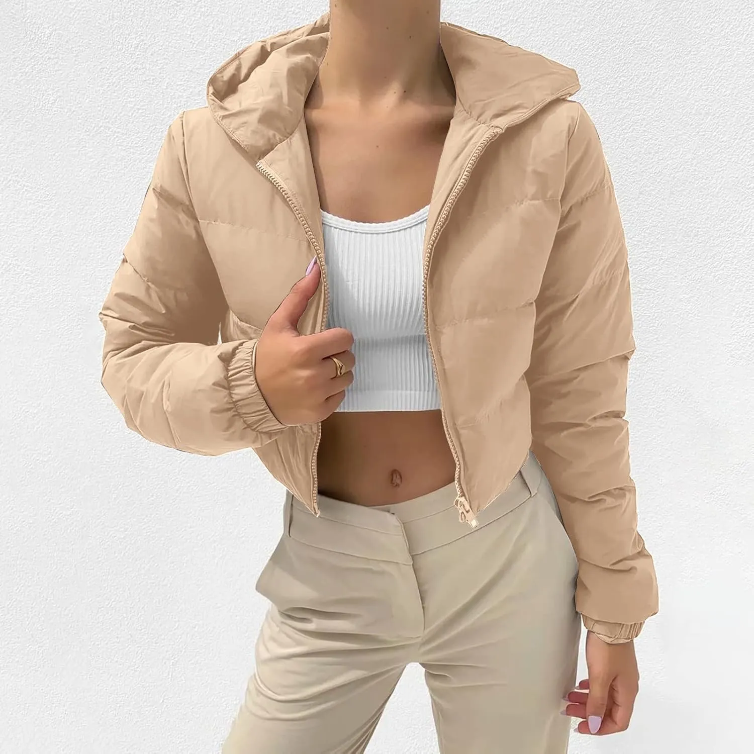 Womens Classic Solid Cropped Puffer Coat Long Sleeve Hooded Down Coat Warm Thick Slim Outwear Winter Outdoor Outfits