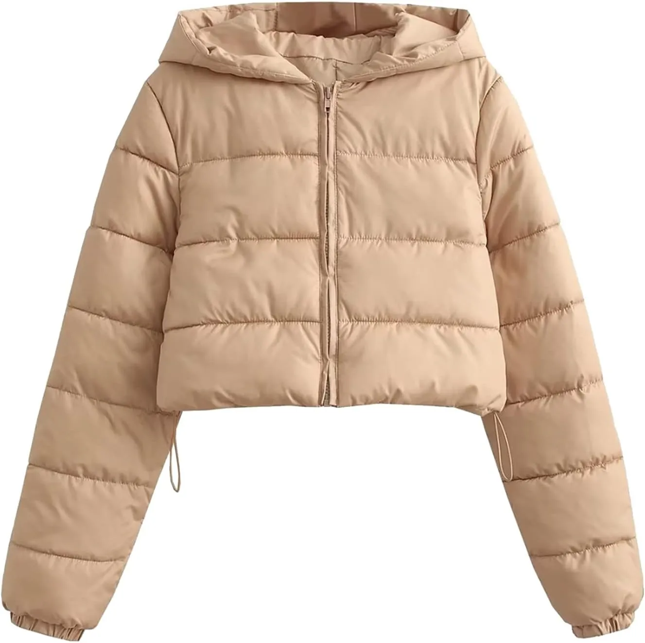 Womens Classic Solid Cropped Puffer Coat Long Sleeve Hooded Down Coat Warm Thick Slim Outwear Winter Outdoor Outfits