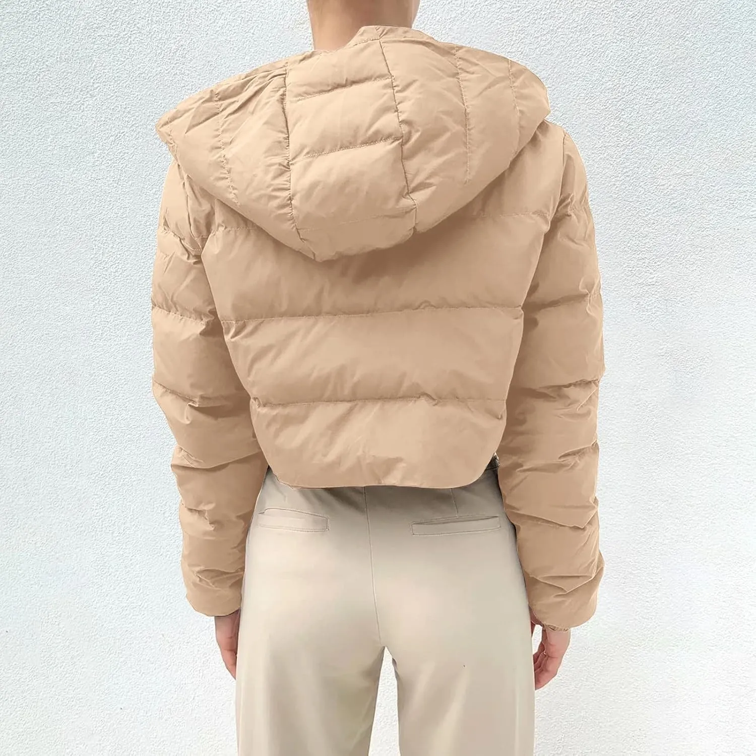 Womens Classic Solid Cropped Puffer Coat Long Sleeve Hooded Down Coat Warm Thick Slim Outwear Winter Outdoor Outfits