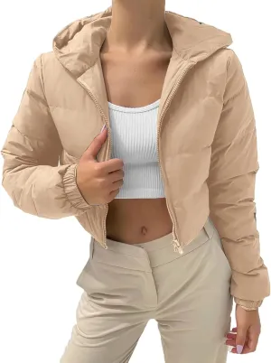 Womens Classic Solid Cropped Puffer Coat Long Sleeve Hooded Down Coat Warm Thick Slim Outwear Winter Outdoor Outfits