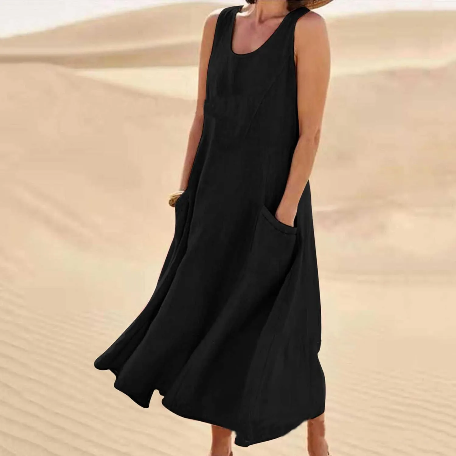 Women's Cotton and Linen Dress Sleeveless Tank Dress Casual Elegant Flowy Maxi Beach Dresses with Pockets