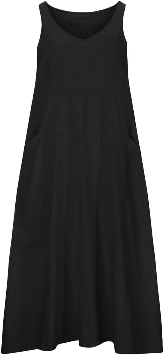 Women's Cotton and Linen Dress Sleeveless Tank Dress Casual Elegant Flowy Maxi Beach Dresses with Pockets