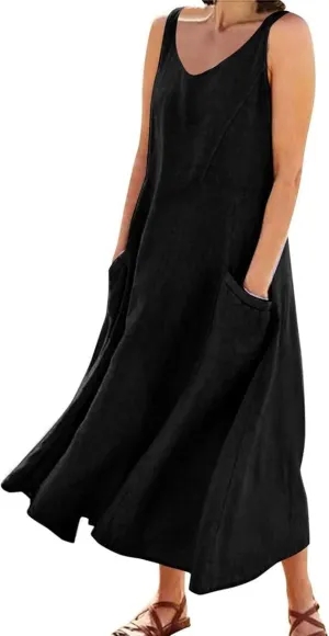 Women's Cotton and Linen Dress Sleeveless Tank Dress Casual Elegant Flowy Maxi Beach Dresses with Pockets