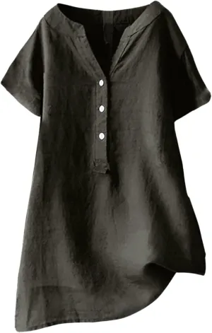 Womens Cotton Linen Shirts Solid Color 3/4 Sleeve Tunic Tops Oversized Tshirts for Women Casual V Neck Dressy Blouses