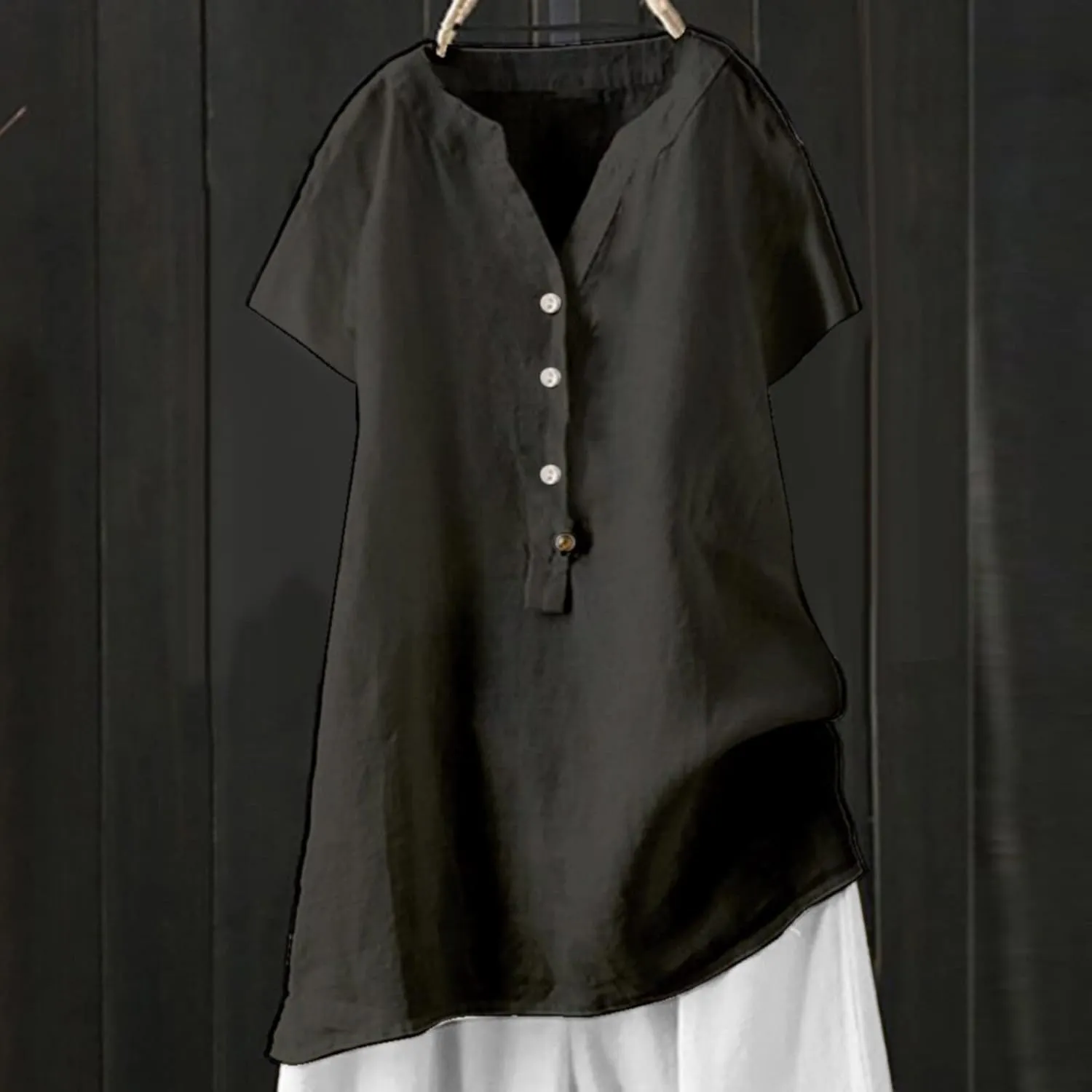 Womens Cotton Linen Shirts Solid Color 3/4 Sleeve Tunic Tops Oversized Tshirts for Women Casual V Neck Dressy Blouses