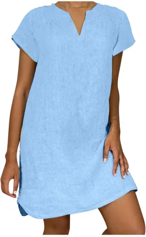 Women's Cotton Linen Tshirt Dresses Short Sleeve Casual Fashion Dress Shift Mini Dresses Vintage Spring Holiday Dresses