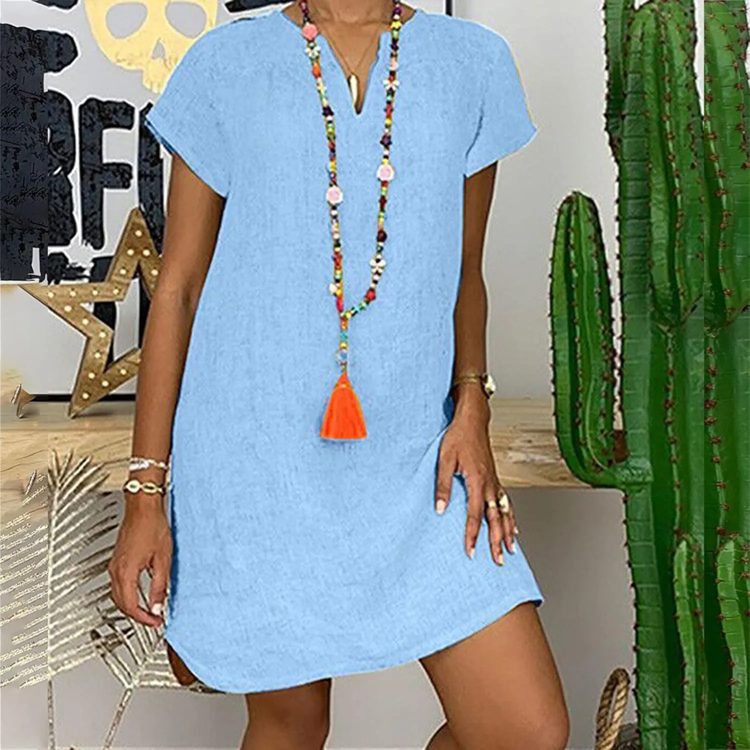 Women's Cotton Linen Tshirt Dresses Short Sleeve Casual Fashion Dress Shift Mini Dresses Vintage Spring Holiday Dresses