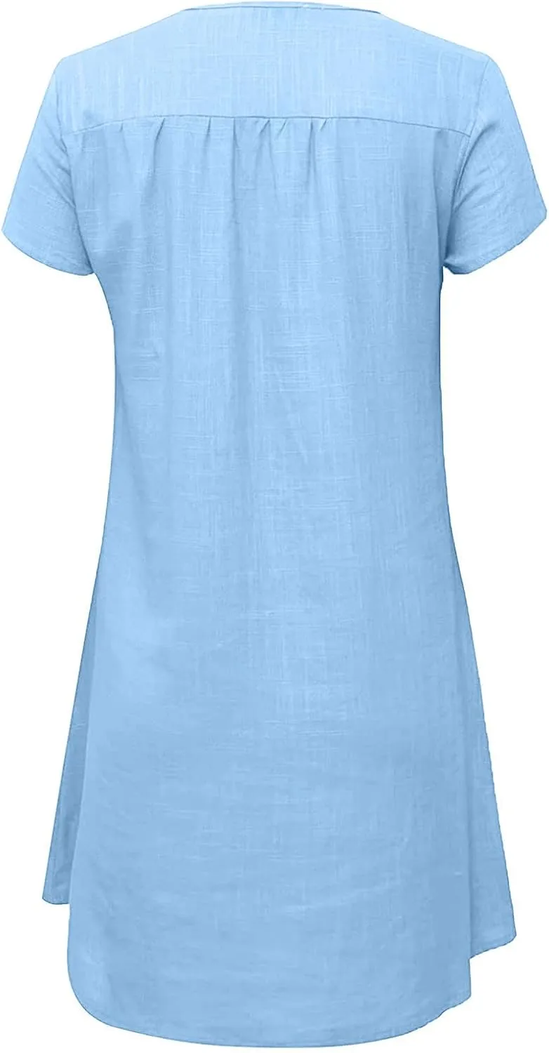 Women's Cotton Linen Tshirt Dresses Short Sleeve Casual Fashion Dress Shift Mini Dresses Vintage Spring Holiday Dresses
