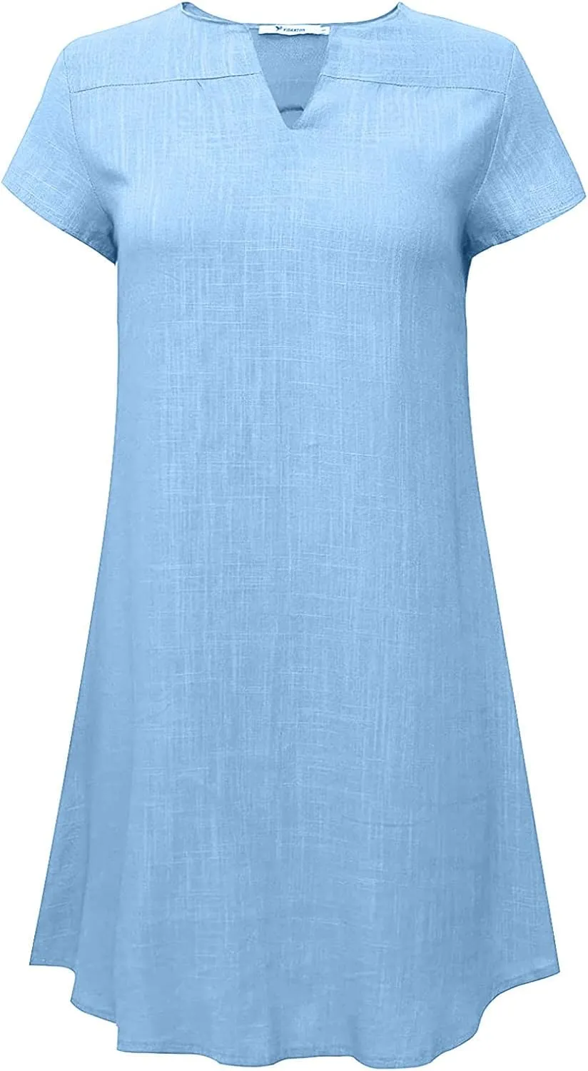 Women's Cotton Linen Tshirt Dresses Short Sleeve Casual Fashion Dress Shift Mini Dresses Vintage Spring Holiday Dresses