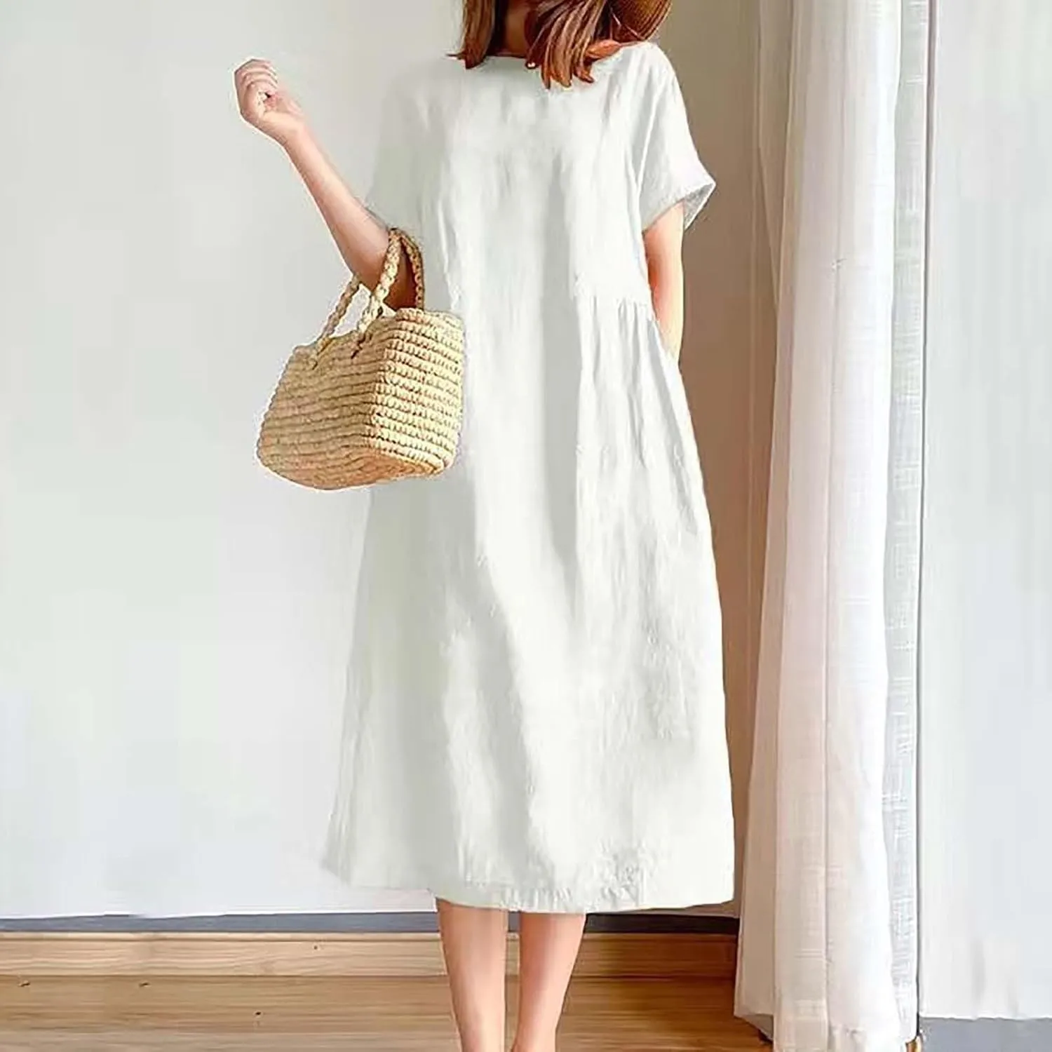 Women's Cotton Midi Dress Plus Size Short Sleeve Sundress Baggy Summer Daily Maxi Vacation Dresses with Pockets