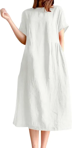 Women's Cotton Midi Dress Plus Size Short Sleeve Sundress Baggy Summer Daily Maxi Vacation Dresses with Pockets