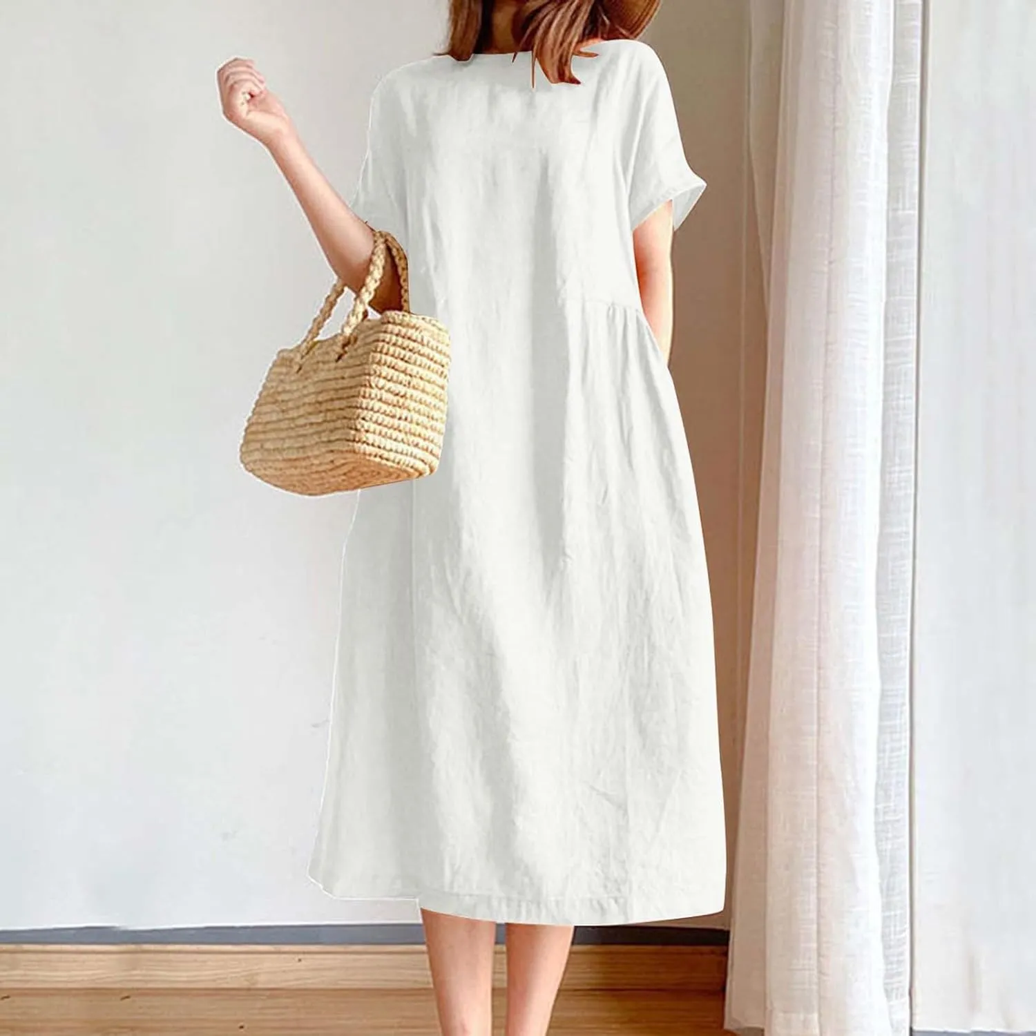 Women's Cotton Midi Dress Plus Size Short Sleeve Sundress Baggy Summer Daily Maxi Vacation Dresses with Pockets