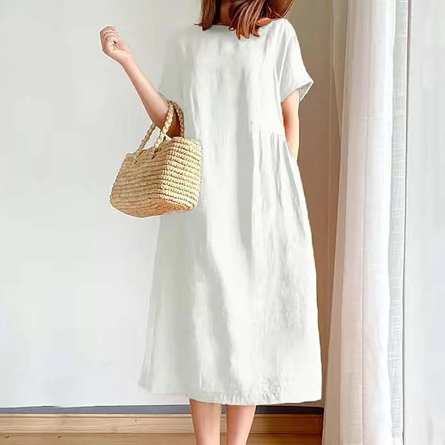 Women's Cotton Midi Dress Plus Size Short Sleeve Sundress Baggy Summer Daily Maxi Vacation Dresses with Pockets