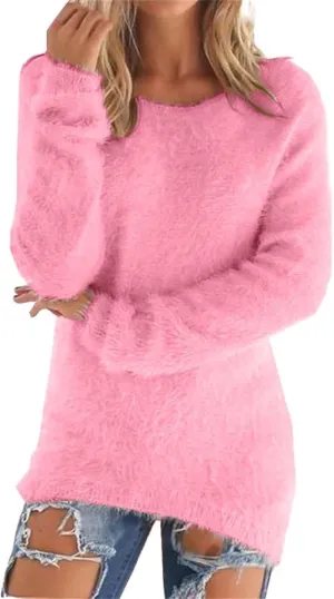 Womens Crewneck Tops Sweatshirt Fluffy Fuzzy Jumper Sweater for Women Fashionable Long Sleeve Pullovers Loose Tops