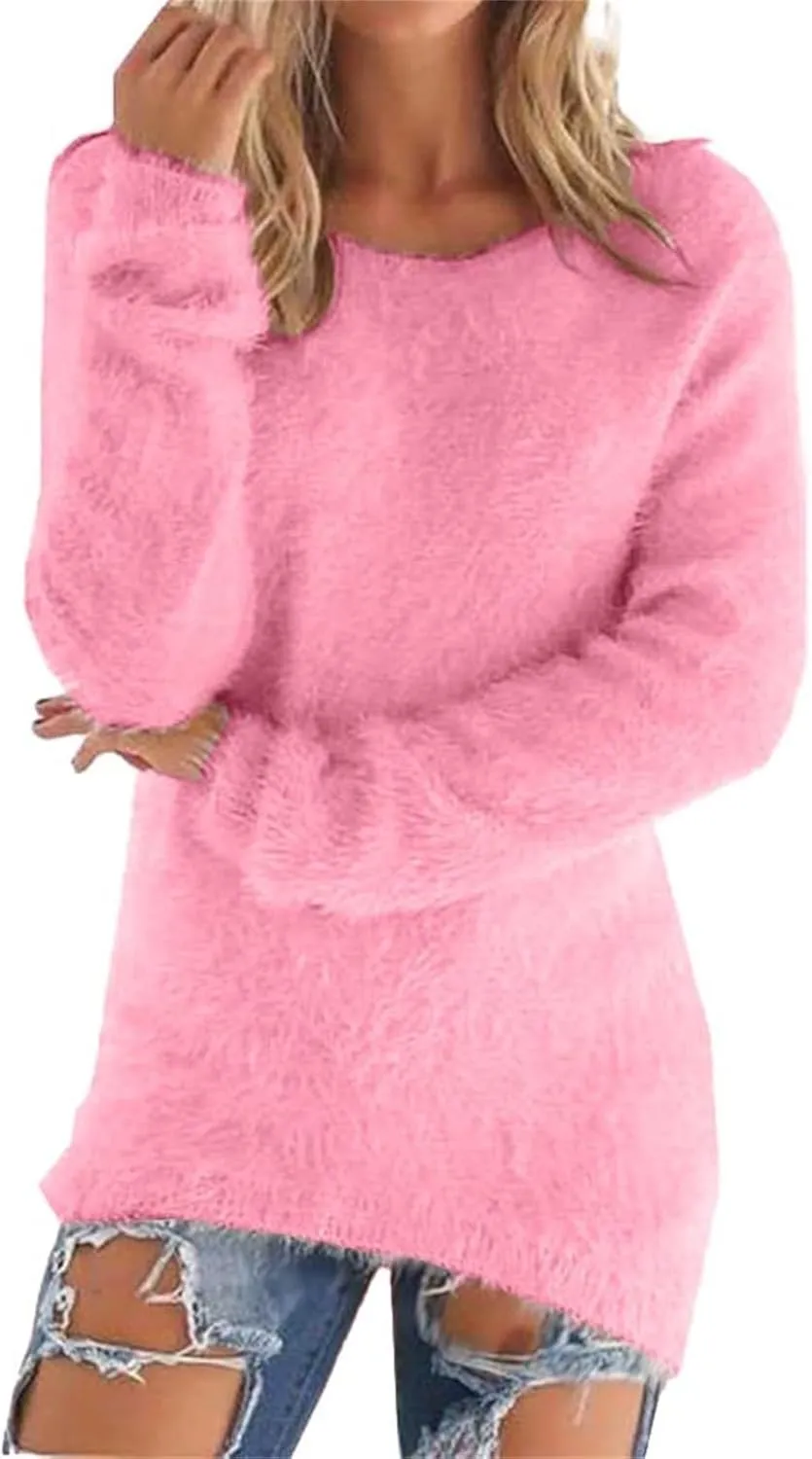 Womens Crewneck Tops Sweatshirt Fluffy Fuzzy Jumper Sweater for Women Fashionable Long Sleeve Pullovers Loose Tops
