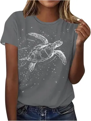 Women's Cute Turtle Print Summer T Shirts Short Sleeve Basic Casual Crewneck Tops Loose Fit Blouse Workout Clothes
