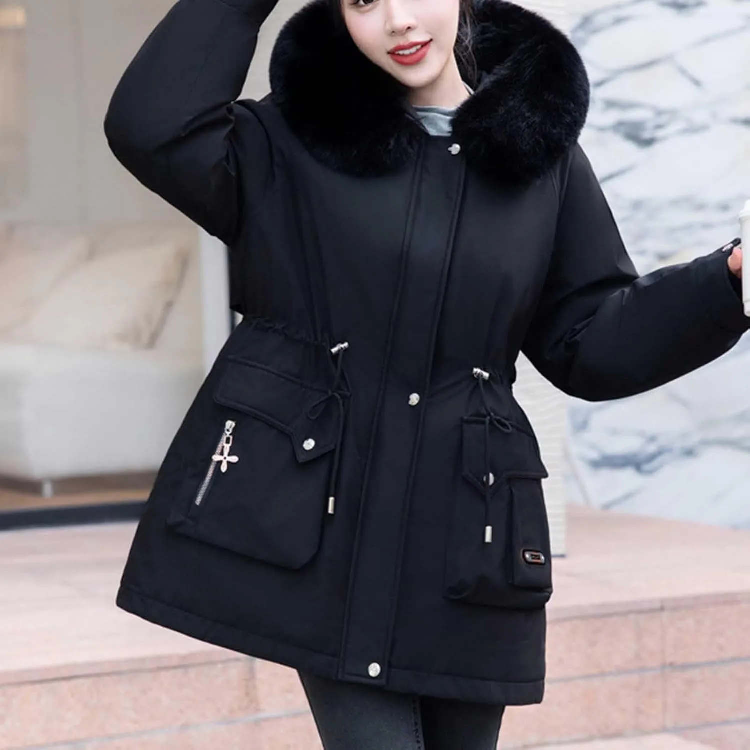 Women's Down Coats Parka Winter Warm Puffer Jackets Faux Fur Hood Jacket Plus Size Thick Outerwear with Pockets