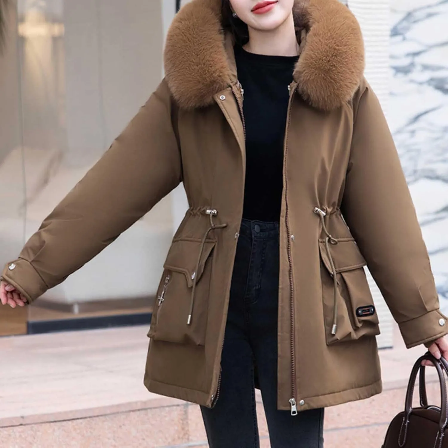 Women's Down Coats Parka Winter Warm Puffer Jackets Faux Fur Hood Jacket Plus Size Thick Outerwear with Pockets