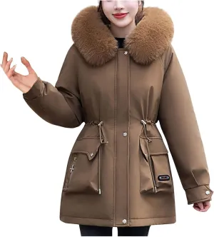 Women's Down Coats Parka Winter Warm Puffer Jackets Faux Fur Hood Jacket Plus Size Thick Outerwear with Pockets