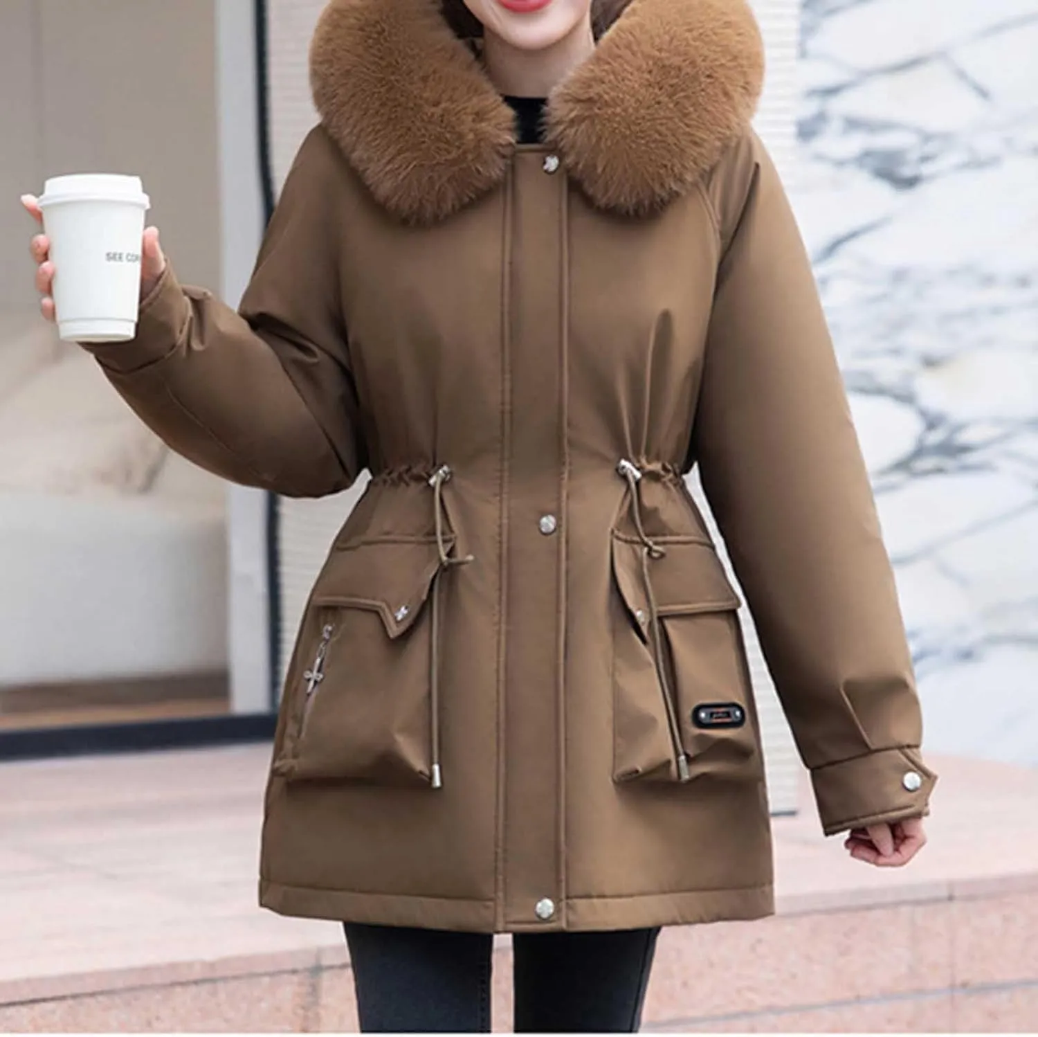 Women's Down Coats Parka Winter Warm Puffer Jackets Faux Fur Hood Jacket Plus Size Thick Outerwear with Pockets