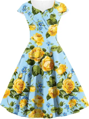 Women's Elegant Retro Floral Print Cocktail Dress Audrey Hepburn Style V Neck Cap Sleeve A-Line Swing Dress