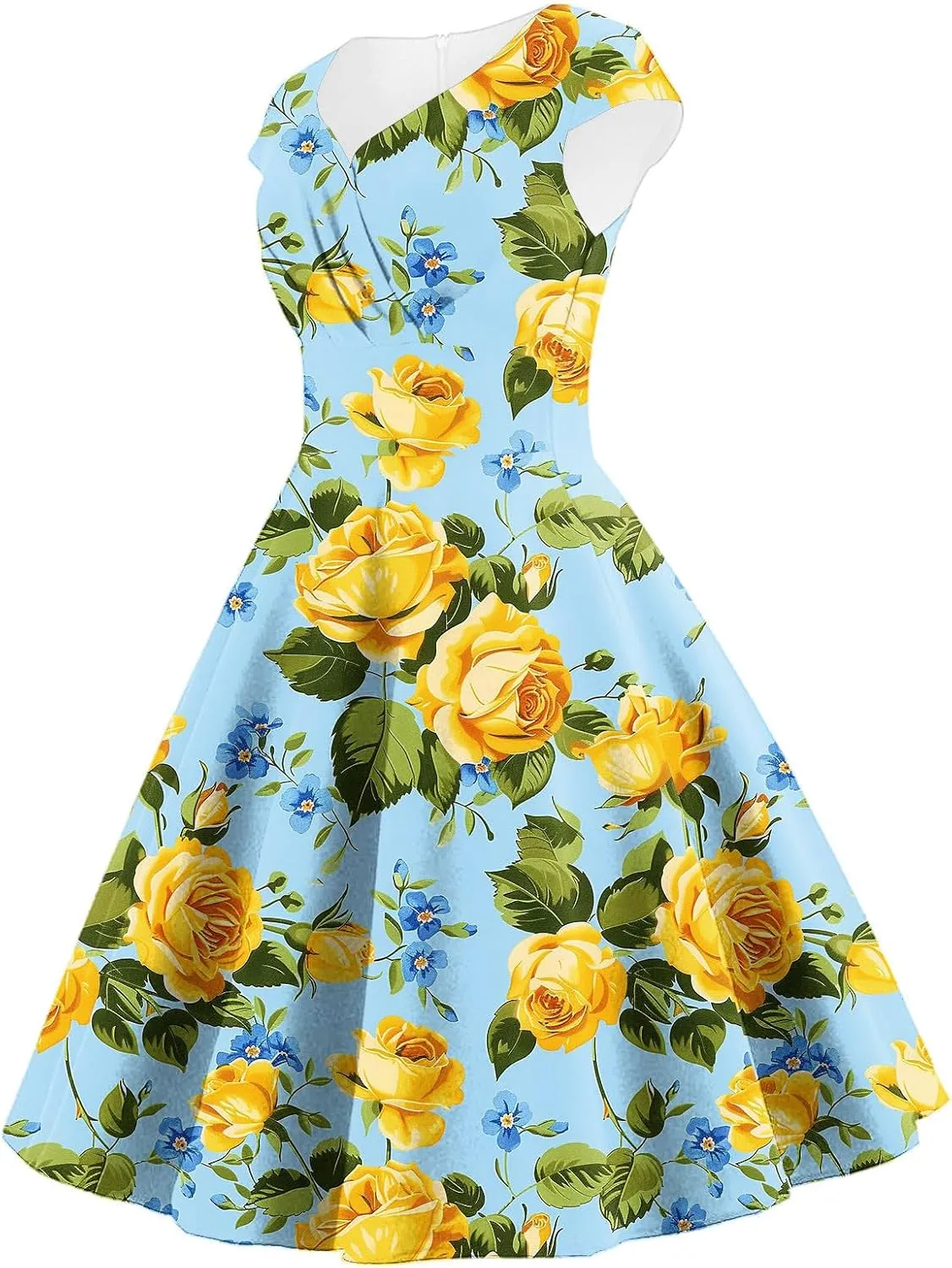 Women's Elegant Retro Floral Print Cocktail Dress Audrey Hepburn Style V Neck Cap Sleeve A-Line Swing Dress