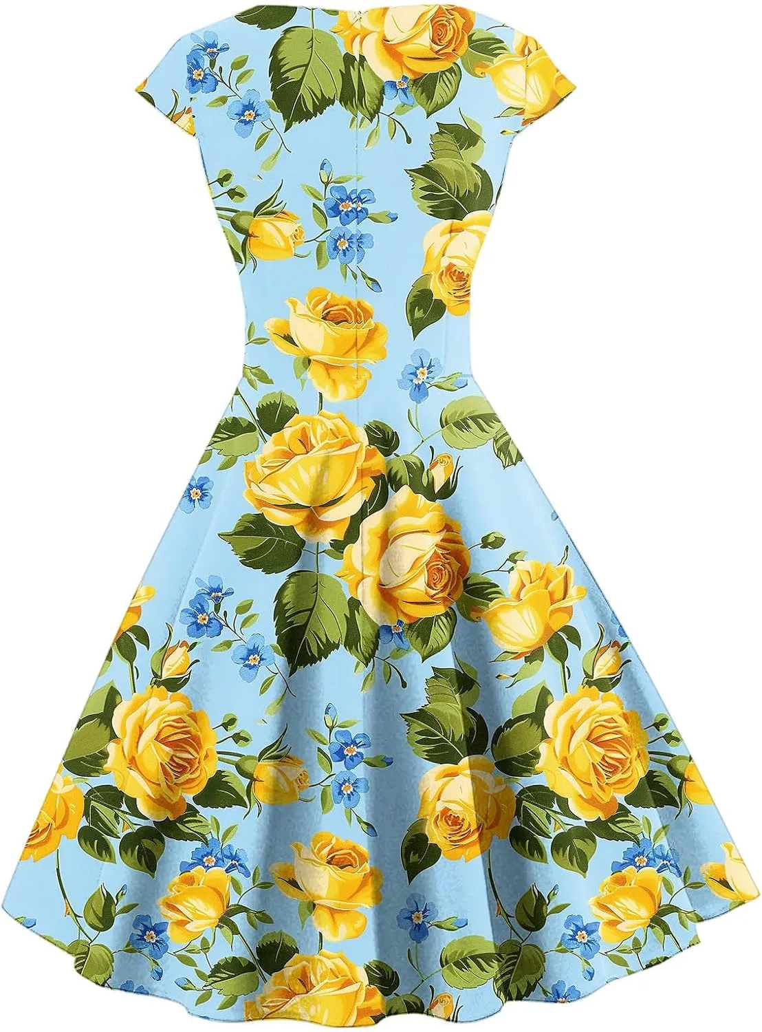 Women's Elegant Retro Floral Print Cocktail Dress Audrey Hepburn Style V Neck Cap Sleeve A-Line Swing Dress