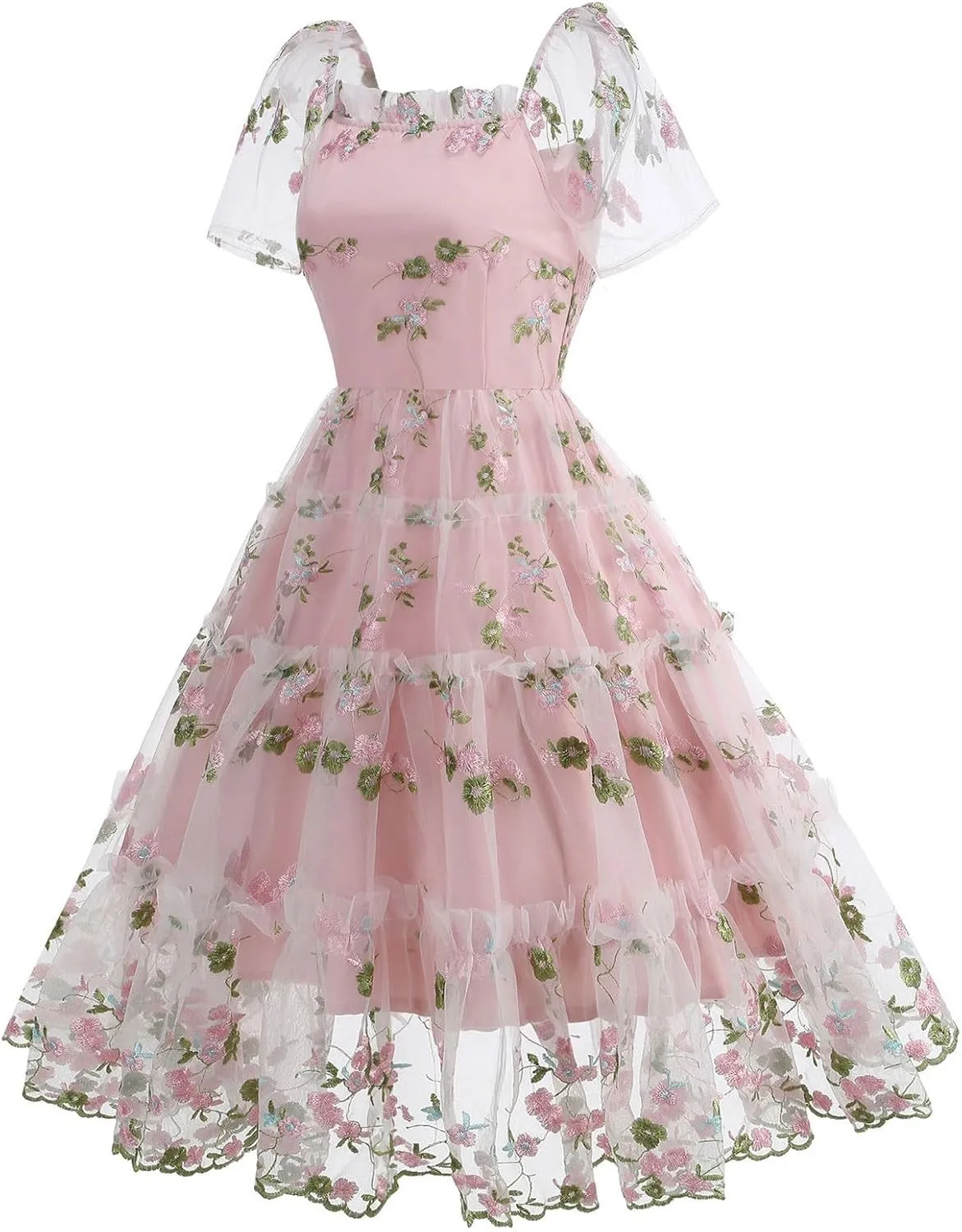 Womens Elegant Tiered Tulle Embroidered Dresses Homecoming Tea Party A-Line Vintage Square Neck Floral Dress