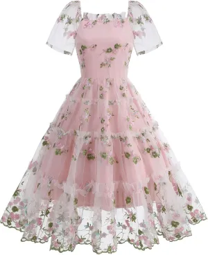 Womens Elegant Tiered Tulle Embroidered Dresses Homecoming Tea Party A-Line Vintage Square Neck Floral Dress
