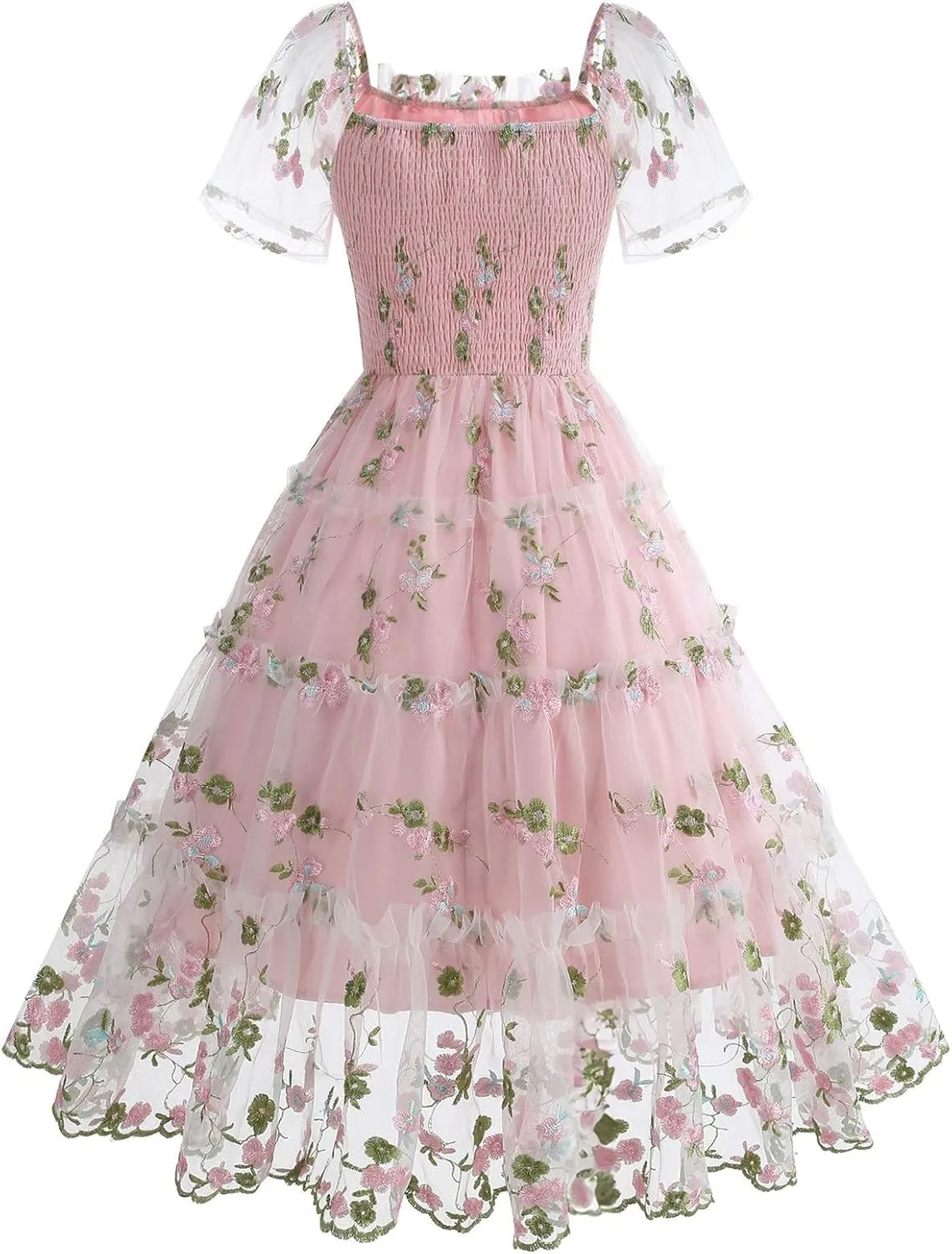 Womens Elegant Tiered Tulle Embroidered Dresses Homecoming Tea Party A-Line Vintage Square Neck Floral Dress