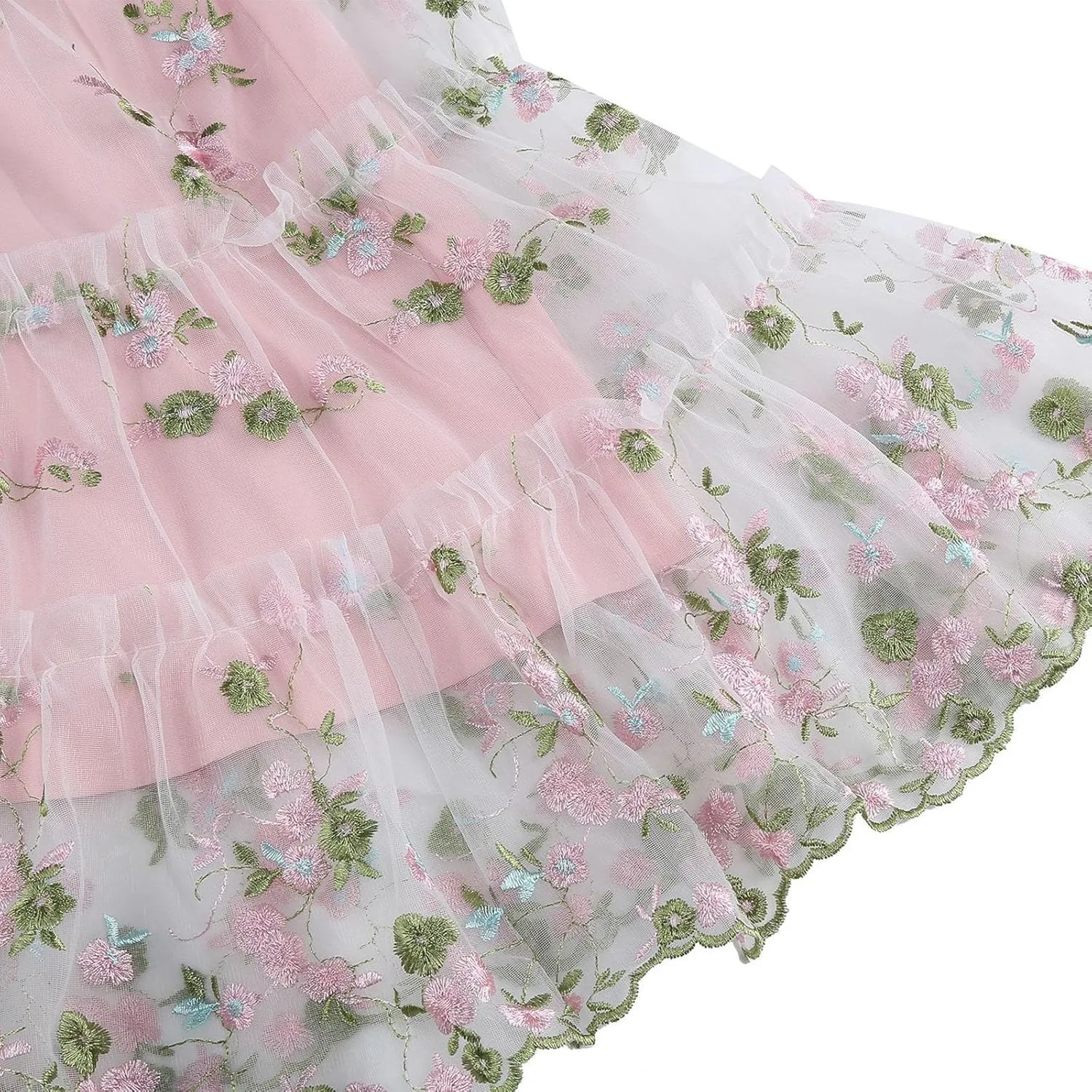 Womens Elegant Tiered Tulle Embroidered Dresses Homecoming Tea Party A-Line Vintage Square Neck Floral Dress