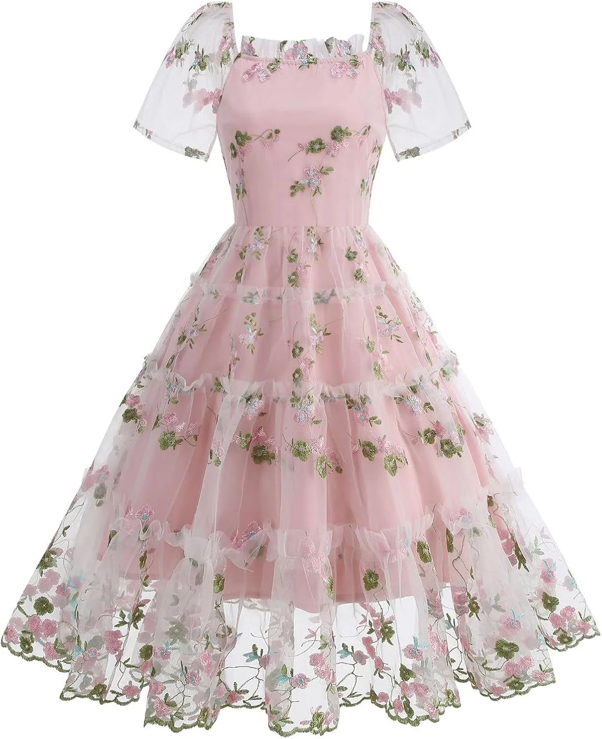 Womens Elegant Tiered Tulle Embroidered Dresses Homecoming Tea Party A-Line Vintage Square Neck Floral Dress