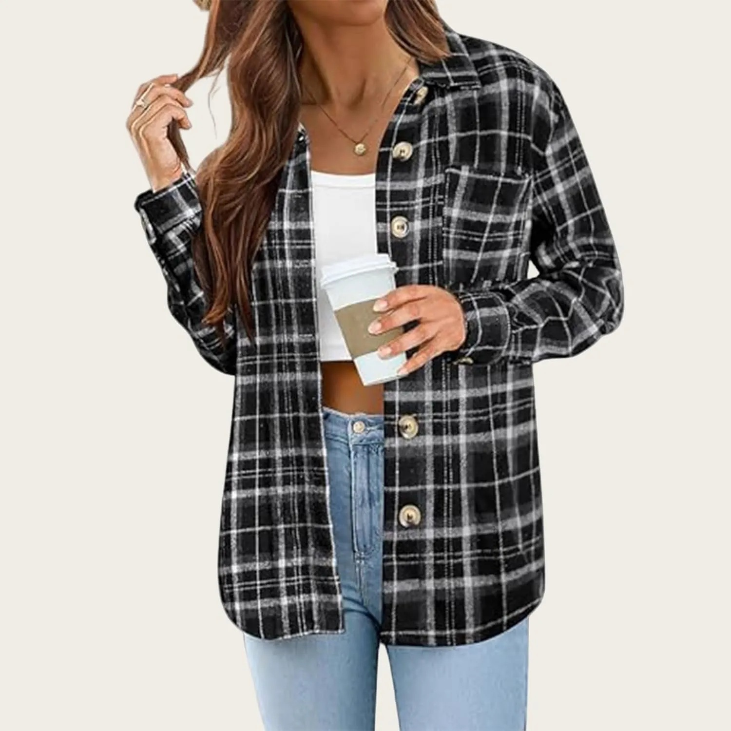 Women's Flannel Plaid Shirt Button Down Long Sleeve Shacket Jacket Oversized Lapel Coats Casual Boyfriend Jacket
