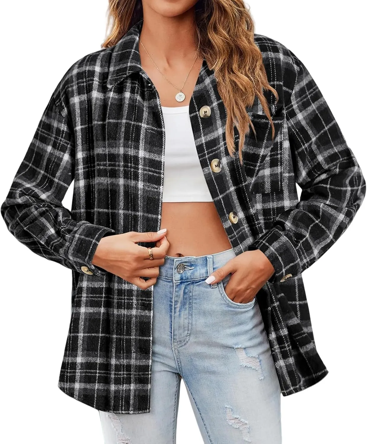 Women's Flannel Plaid Shirt Button Down Long Sleeve Shacket Jacket Oversized Lapel Coats Casual Boyfriend Jacket