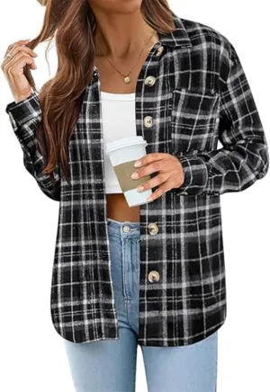 Women's Flannel Plaid Shirt Button Down Long Sleeve Shacket Jacket Oversized Lapel Coats Casual Boyfriend Jacket