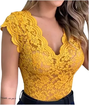 Women's Floral Lace Tank Top Deep V Neck Scalloped Trim Sleeveless Shirts See Through Sexy Mesh Tshirts Plus Size Tops