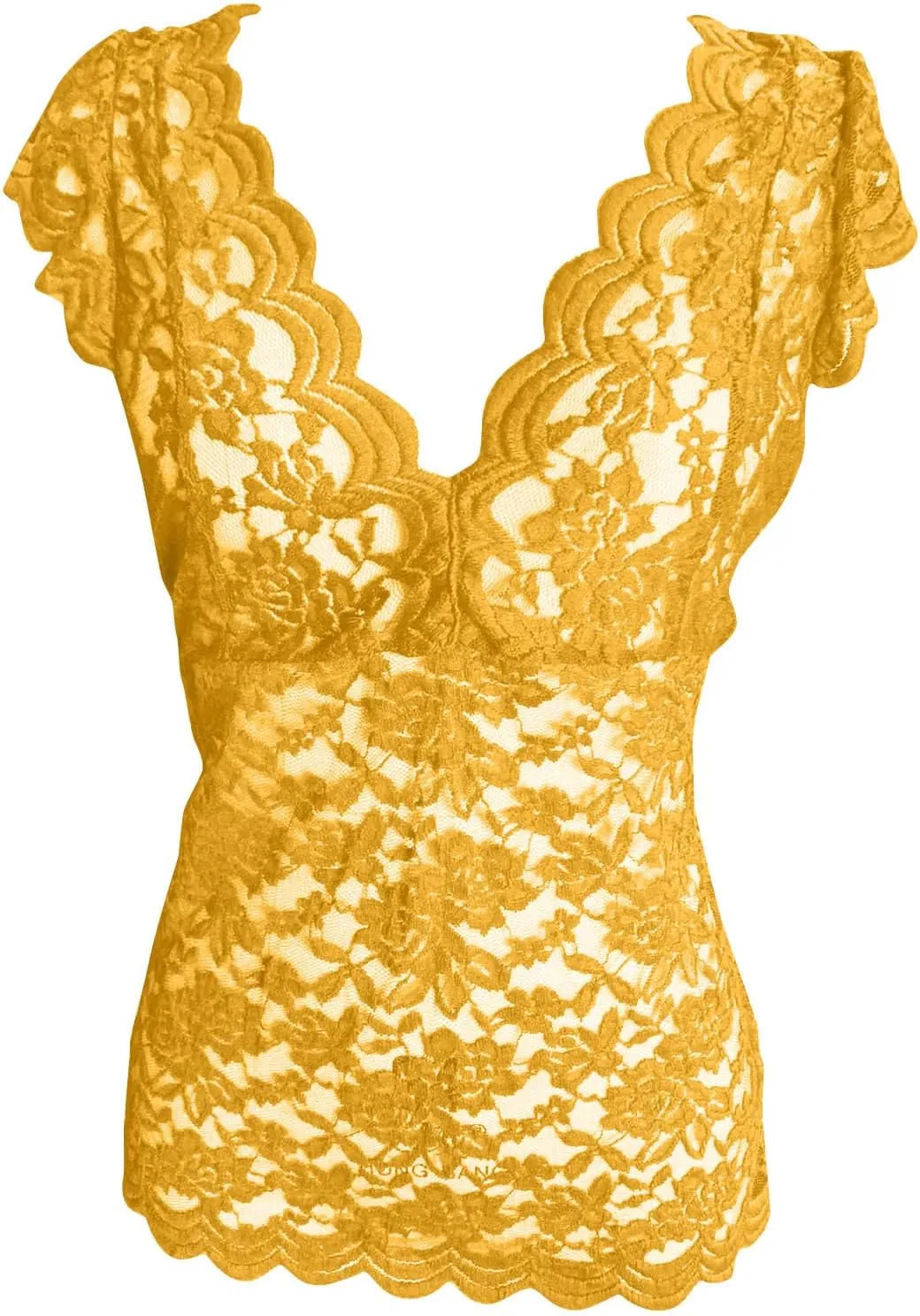Women's Floral Lace Tank Top Deep V Neck Scalloped Trim Sleeveless Shirts See Through Sexy Mesh Tshirts Plus Size Tops