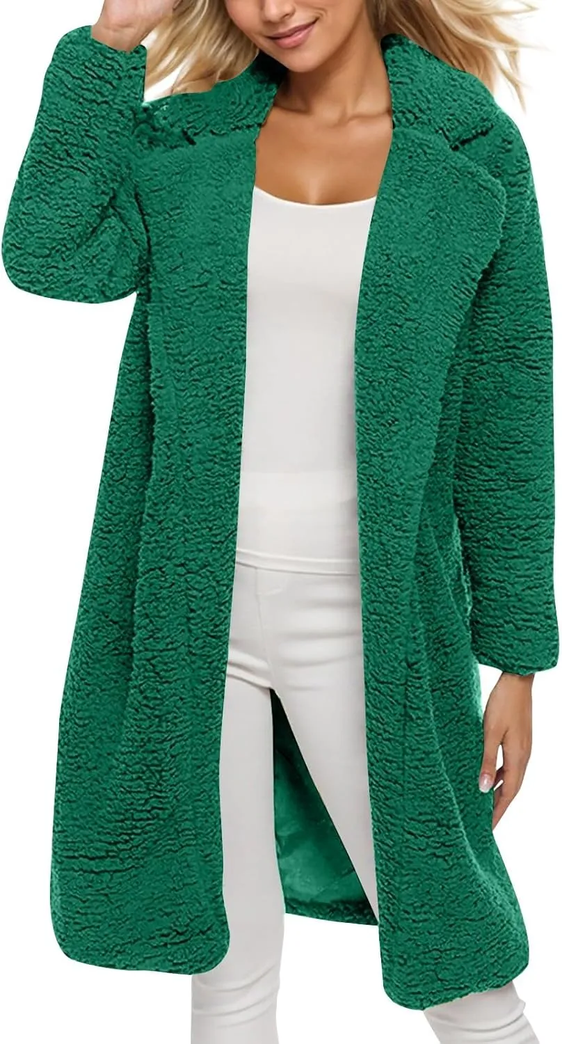 Women's Fuzzy Fleece Lapel Open Front Long Cardigan Coat Faux Fur Warm Winter Fashion Outwear Jackets 2024