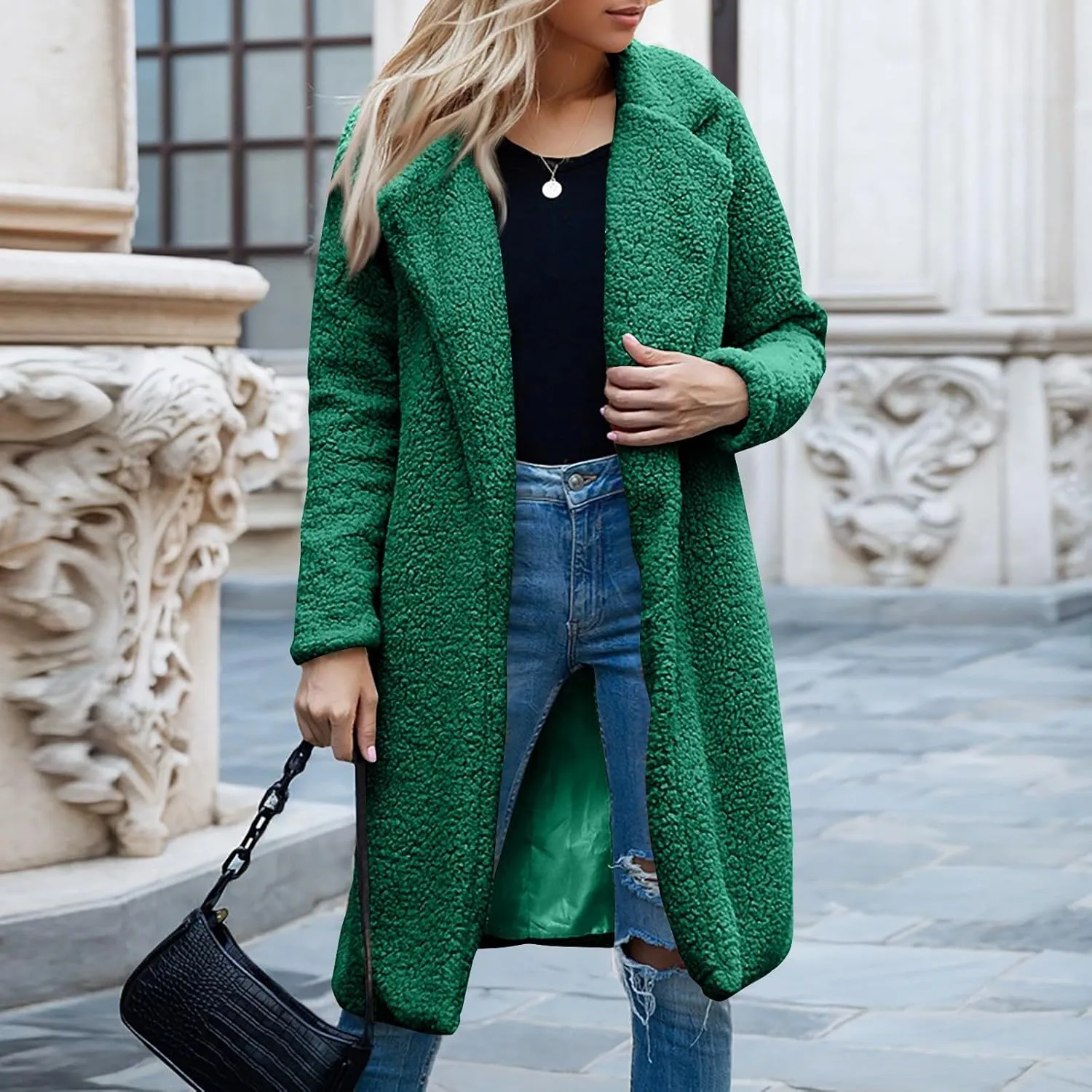 Women's Fuzzy Fleece Lapel Open Front Long Cardigan Coat Faux Fur Warm Winter Fashion Outwear Jackets 2024
